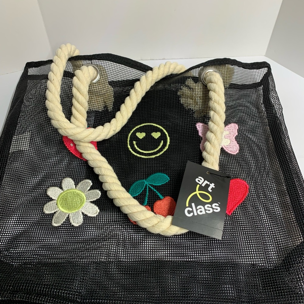 art class Black Mesh Tote with Colorful Embroidered Patches
